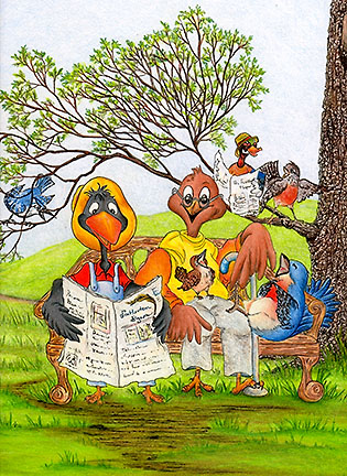 Everyone's laughing over Ollie's paper, ©2014 Judy Swallow